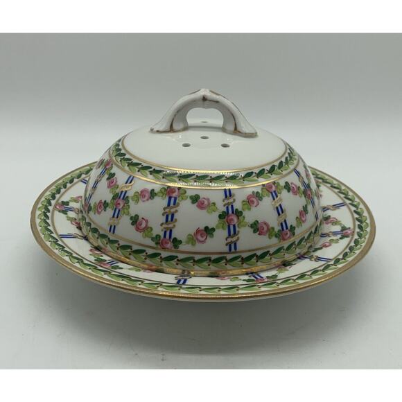 Vtg Cowell And Hubbard Covered Pancake Crepe Dish Pink Roses Gold Trim EUC - Picture 1 of 8